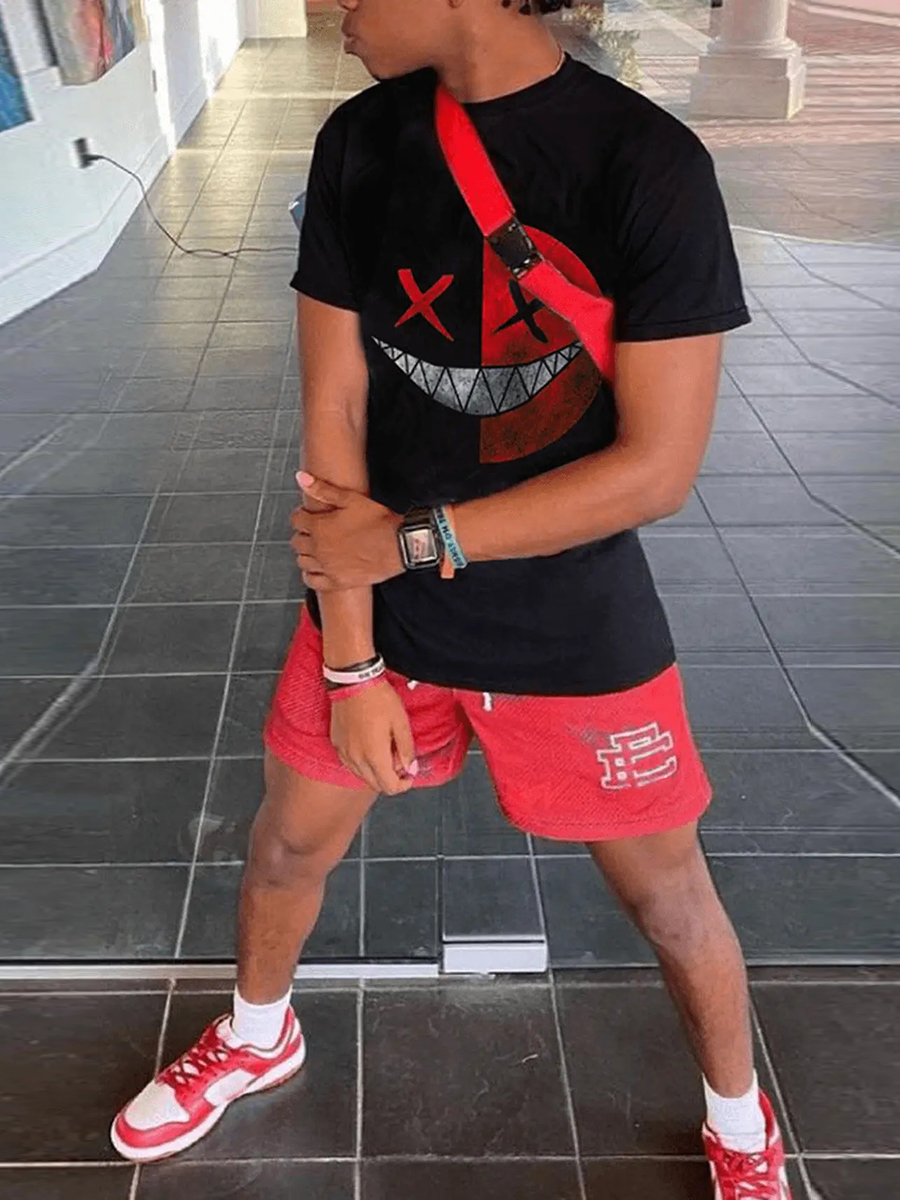 LW Men Cartoon Letter Print Shorts Set