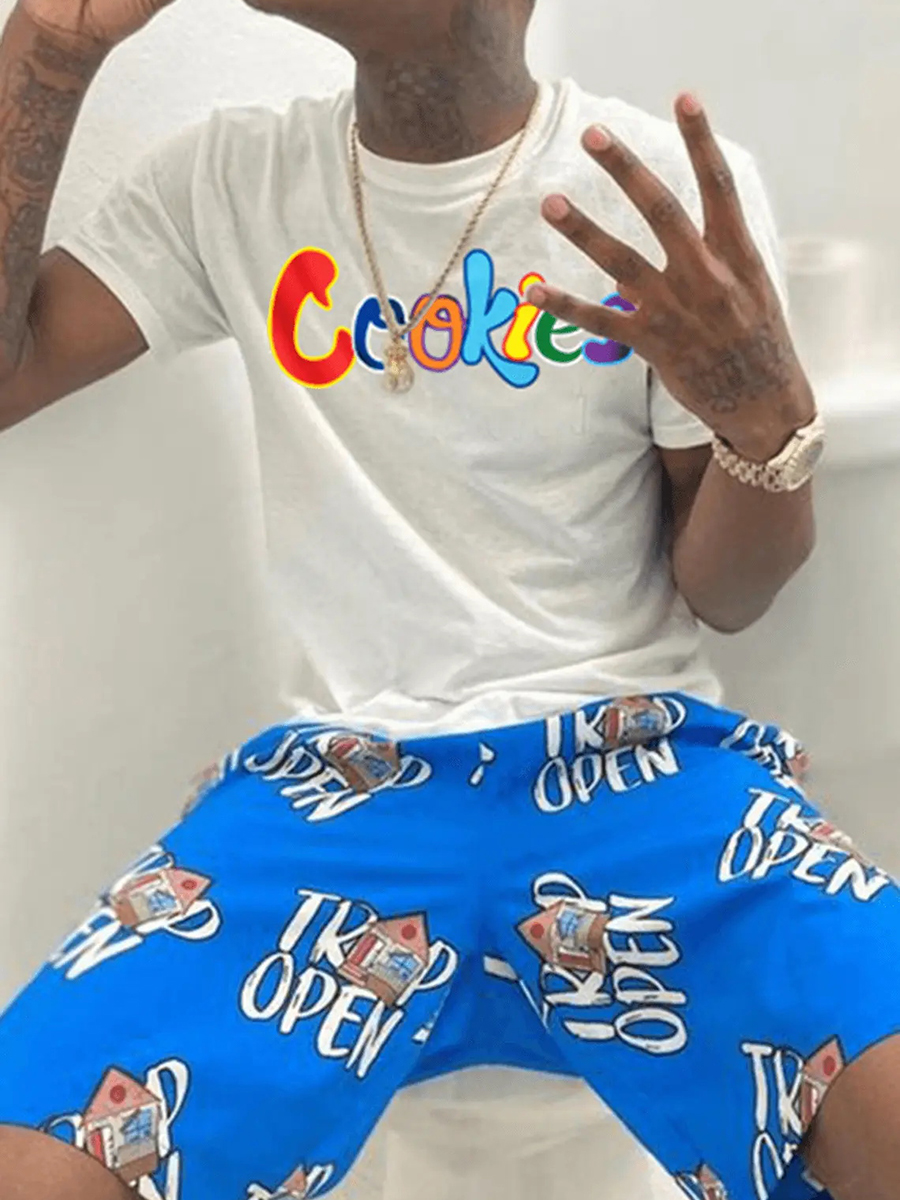

LW Men Cookies Letter Print Shorts Set, Blue