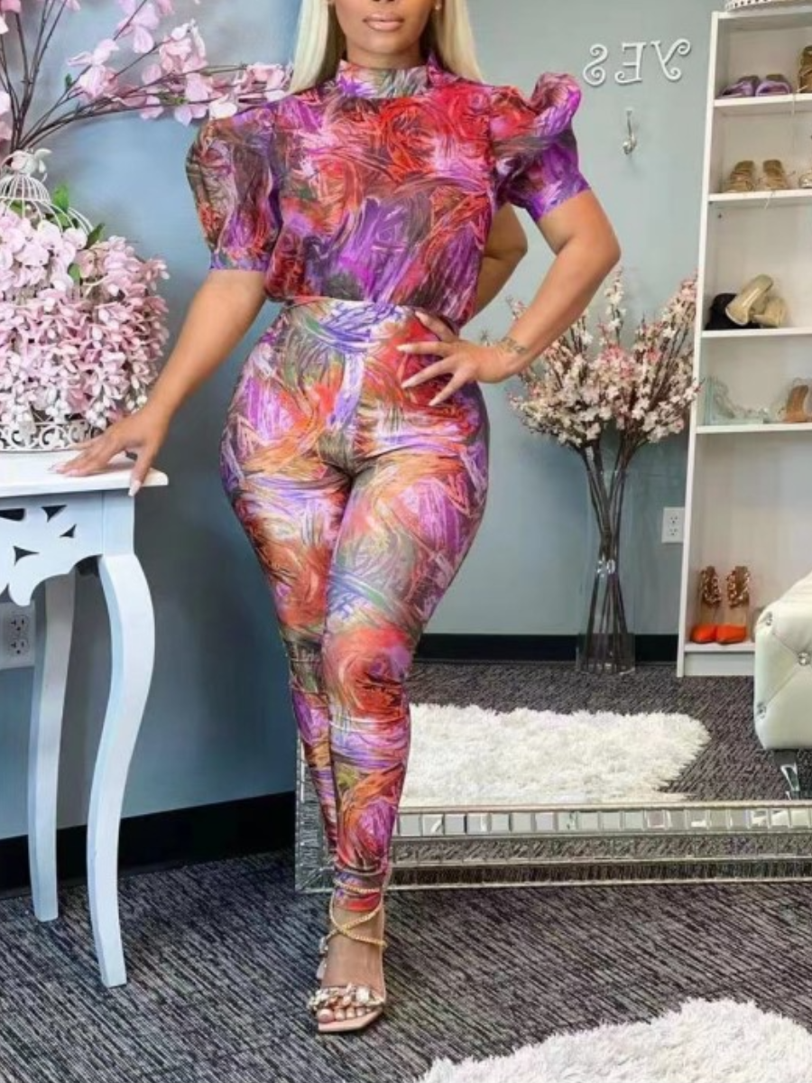LW Mixed Print Puff Sleeve Jumpsuit