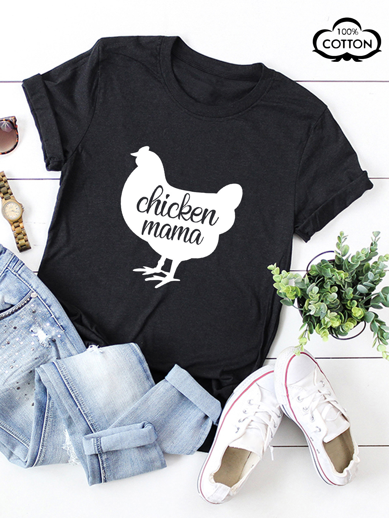 

LW COTTON Plus Size Chicken Mama Letter Print T-shirt, Black