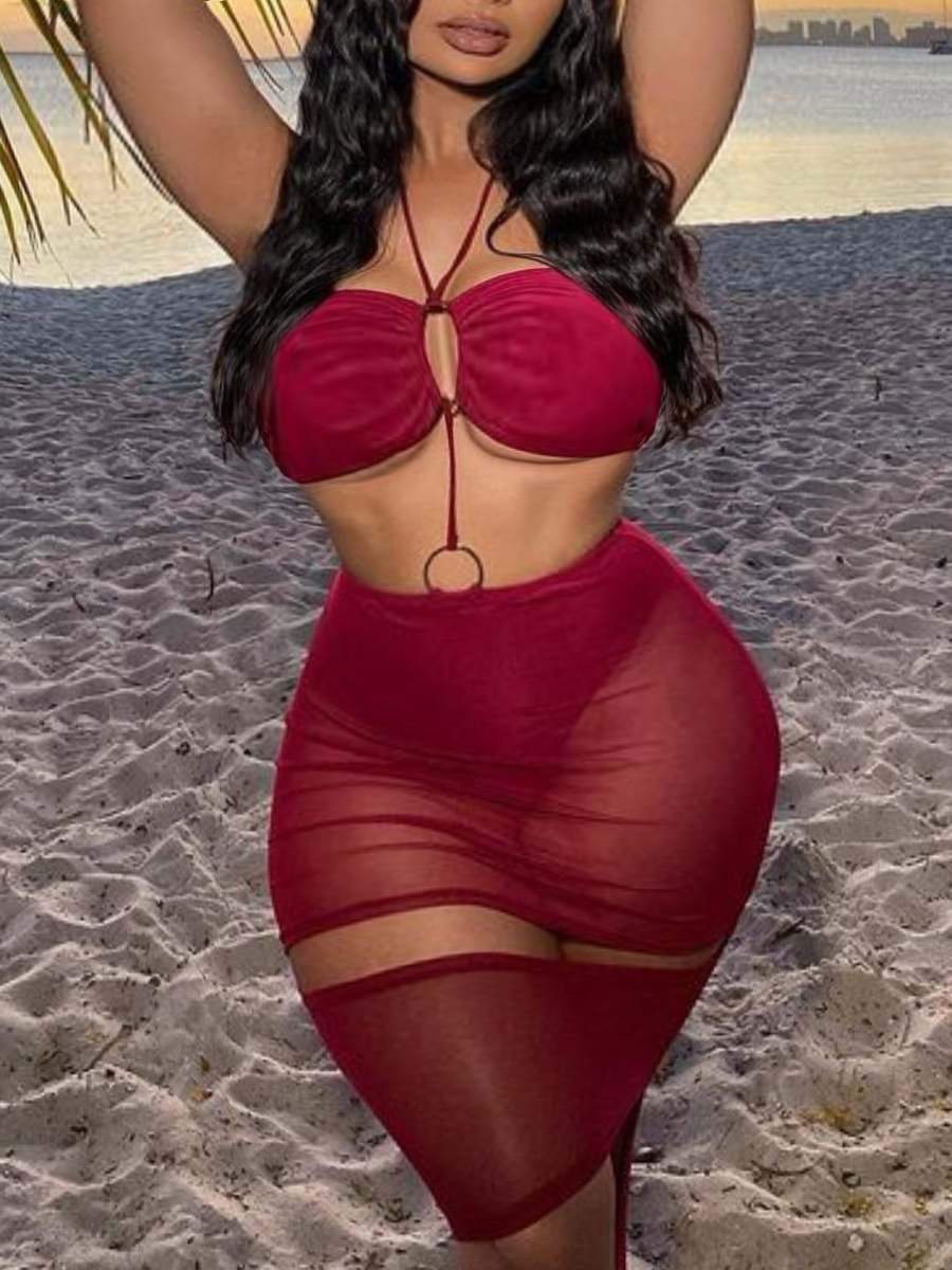 

LW Plus Size See-through Metal Ring Decor Bodycon Dress, Red