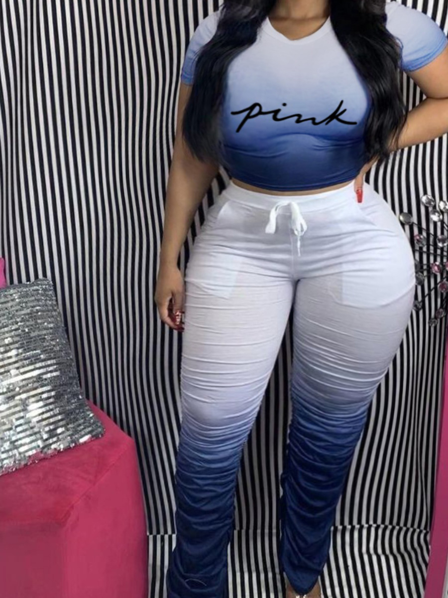 

LW Plus Size Gradient Pink Letter Print Ruched Pants Set, Blue