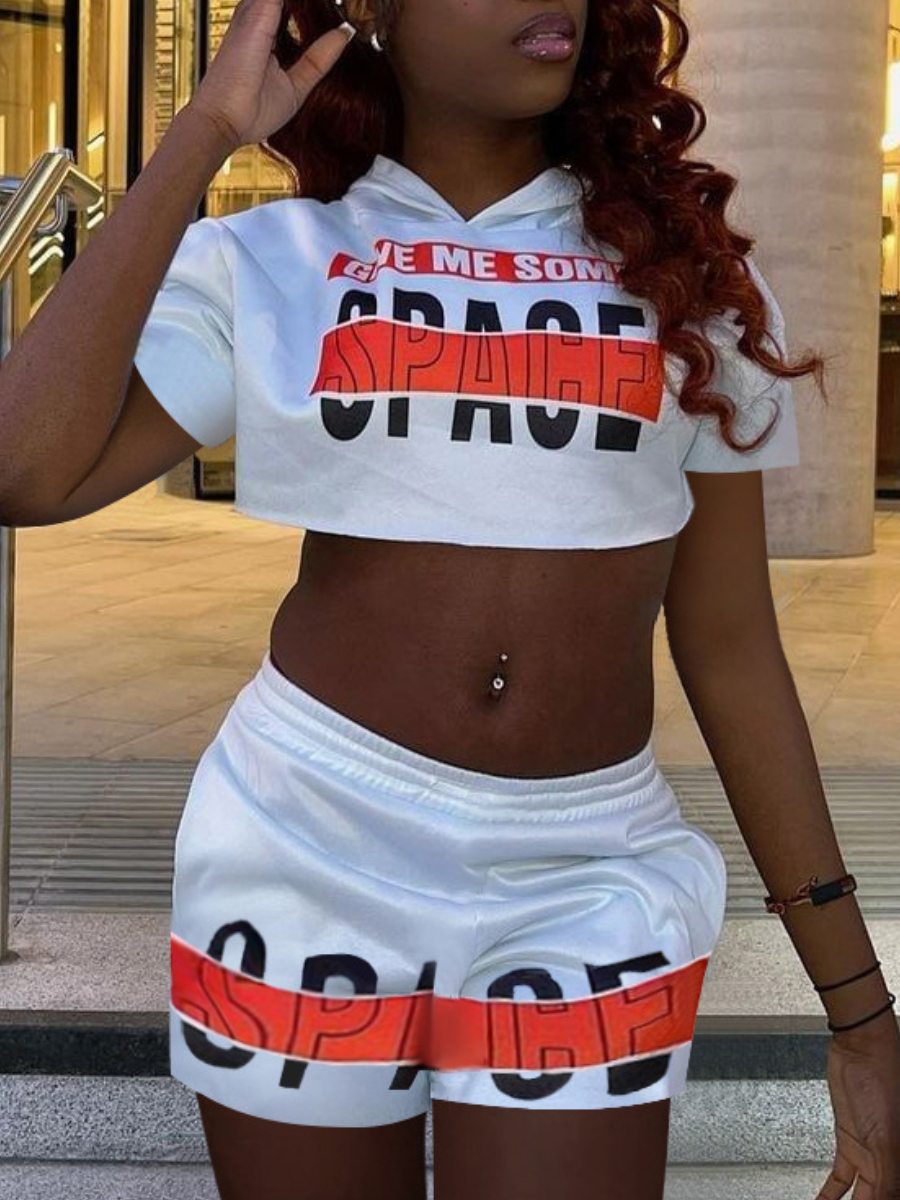 

LW Crop Top Letter Print Drawstring Shorts Set, White
