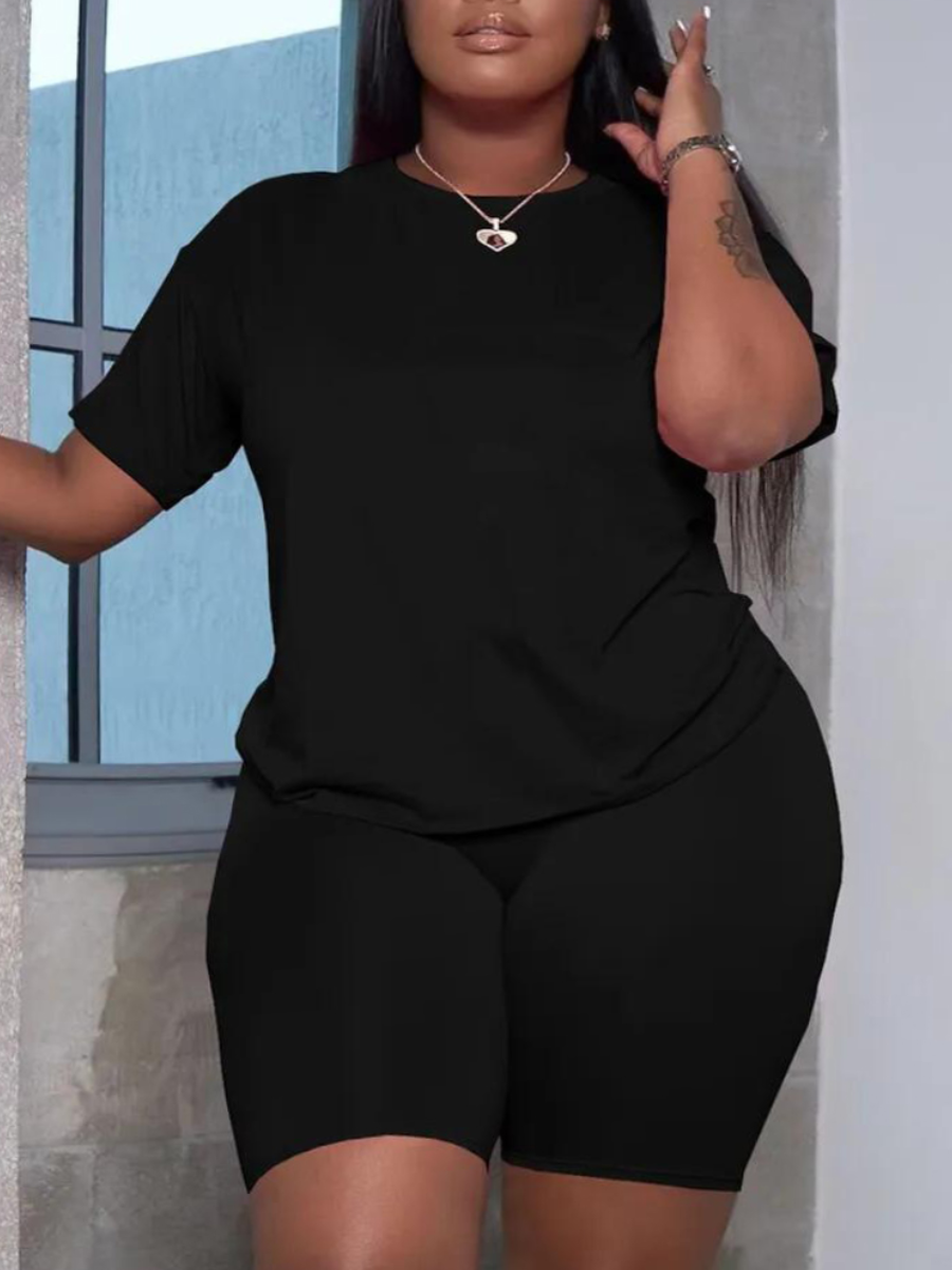 LovelyWholesale BASICS Plus Size Round Neck Skinny Shorts Set Summer Short Sleeve Casual Basic Round Neck  3X Spring Summer 2024