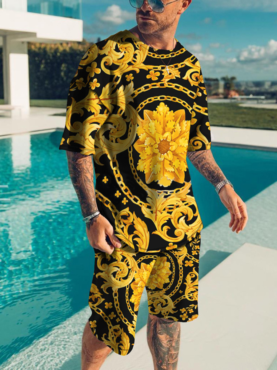 

LW Men Baroque Print Patchwork Shorts Set, Black