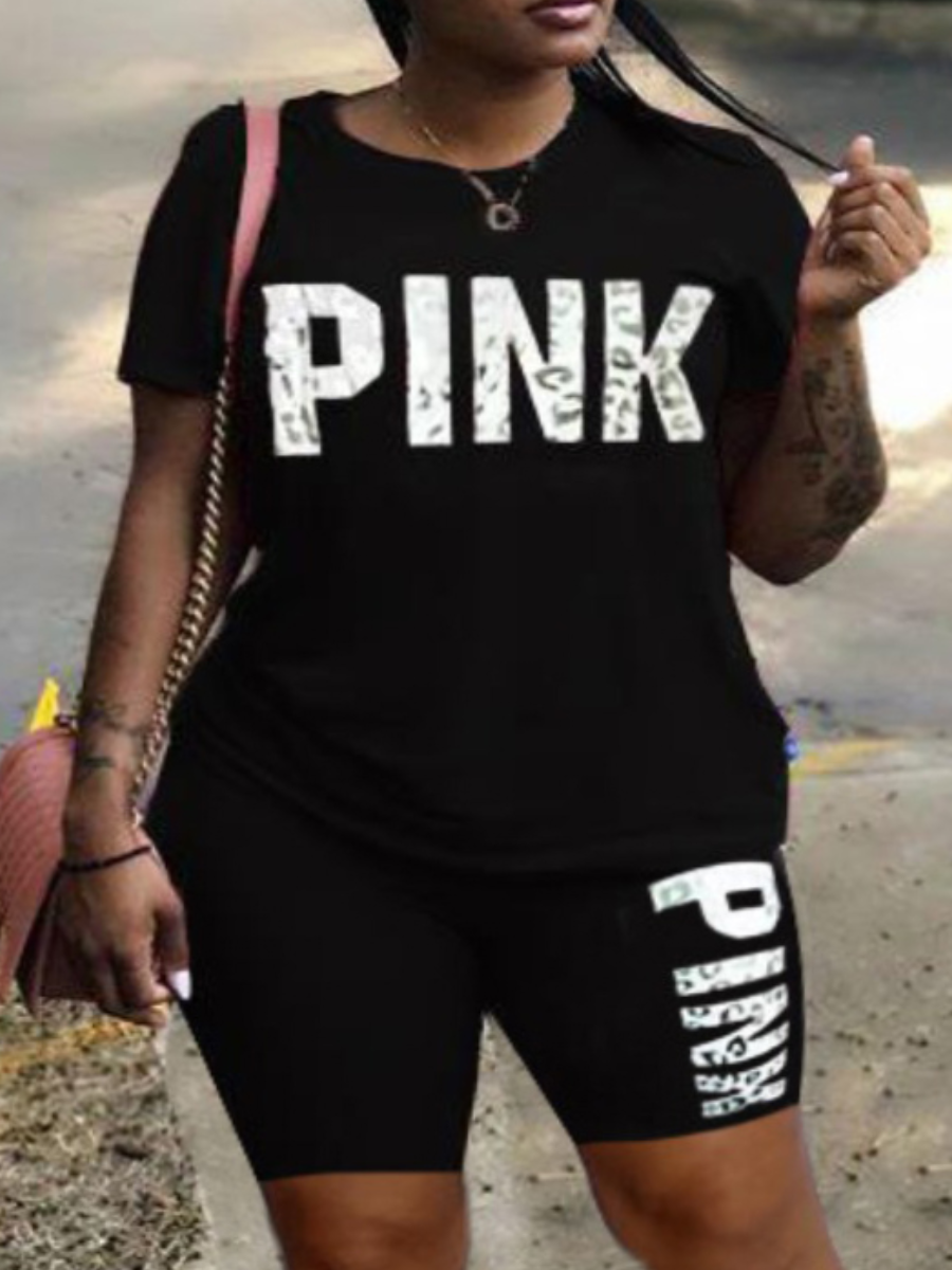 LW Plus Size Pink Letter Print Shorts Set