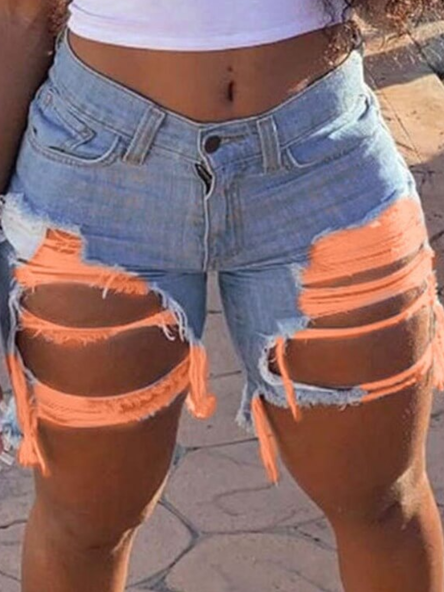 

LW Mid Waist Ripped Denim Shorts (No Stretch), Orange