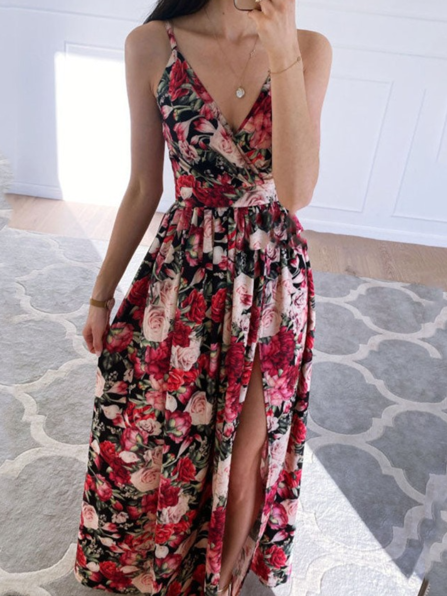 

LW Floral Print Slit Cami A Line Dress, Red