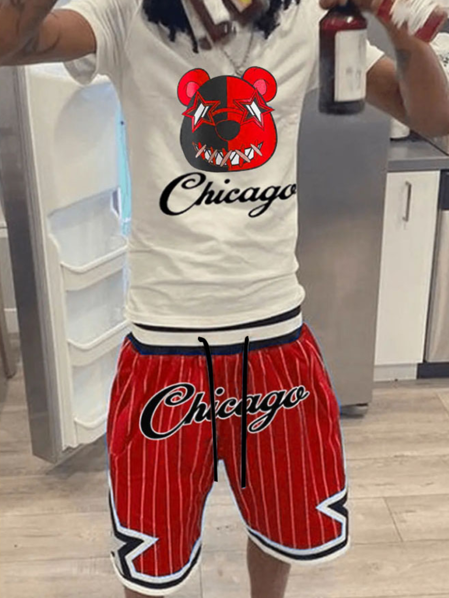 LW Men Cartoon Letter Print Striped Shorts Set