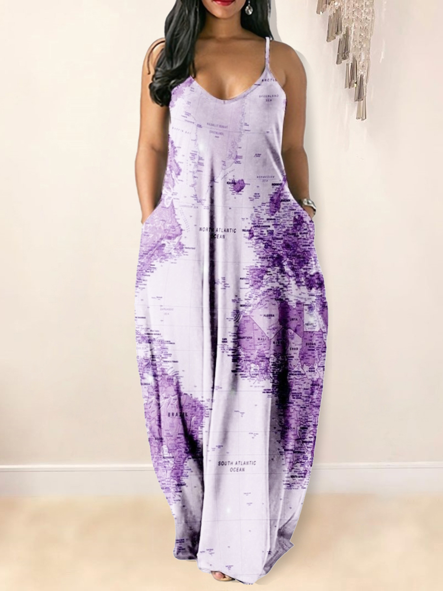 

LW Plus Size Map Letter Print Cami Loose Dress, Purple