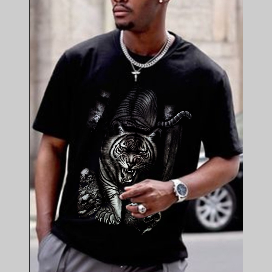 

LW Men Round Neck Tiger Print T-shirt, Black