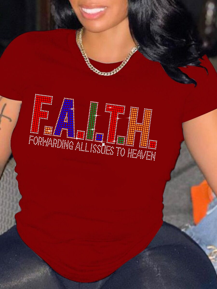 

LW Plus Size Rhinestone Faith Letter T-shirt, Wine red