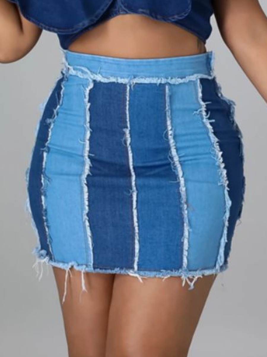 

LW Raw Edge High Stretchy Denim Skirt, Blue