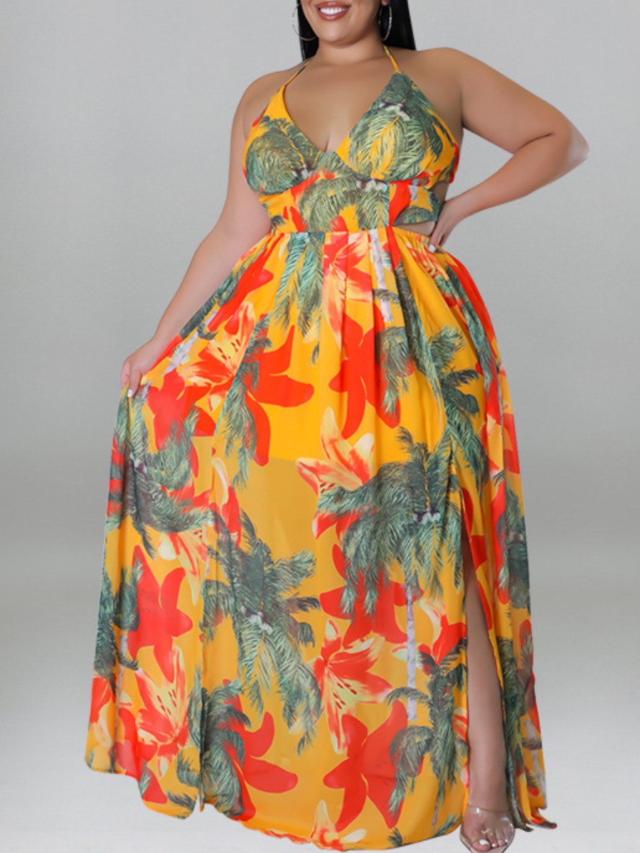 

LW Plus Size Floral Print Backless A Line Dress, Yellow