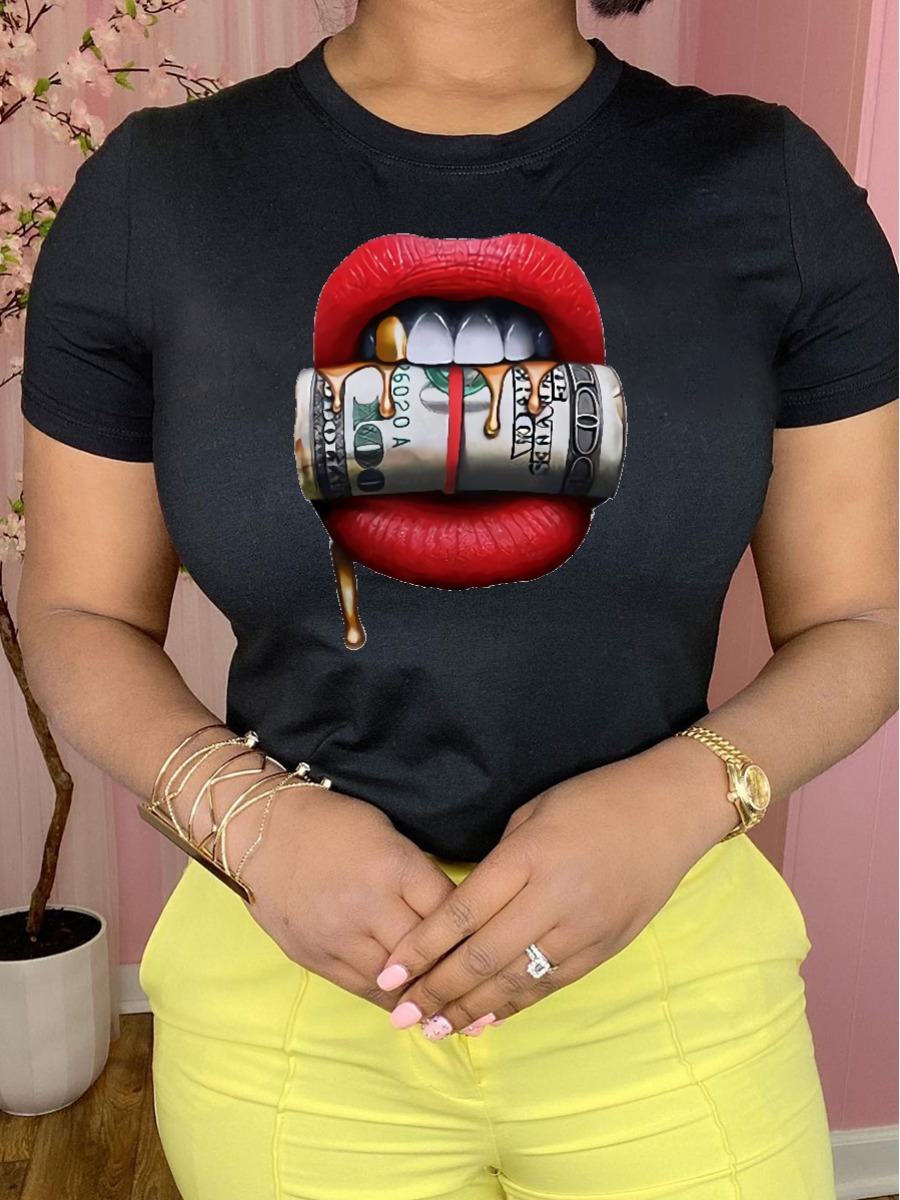 

LW Plus Size Money Lip Print T-shirt, Black
