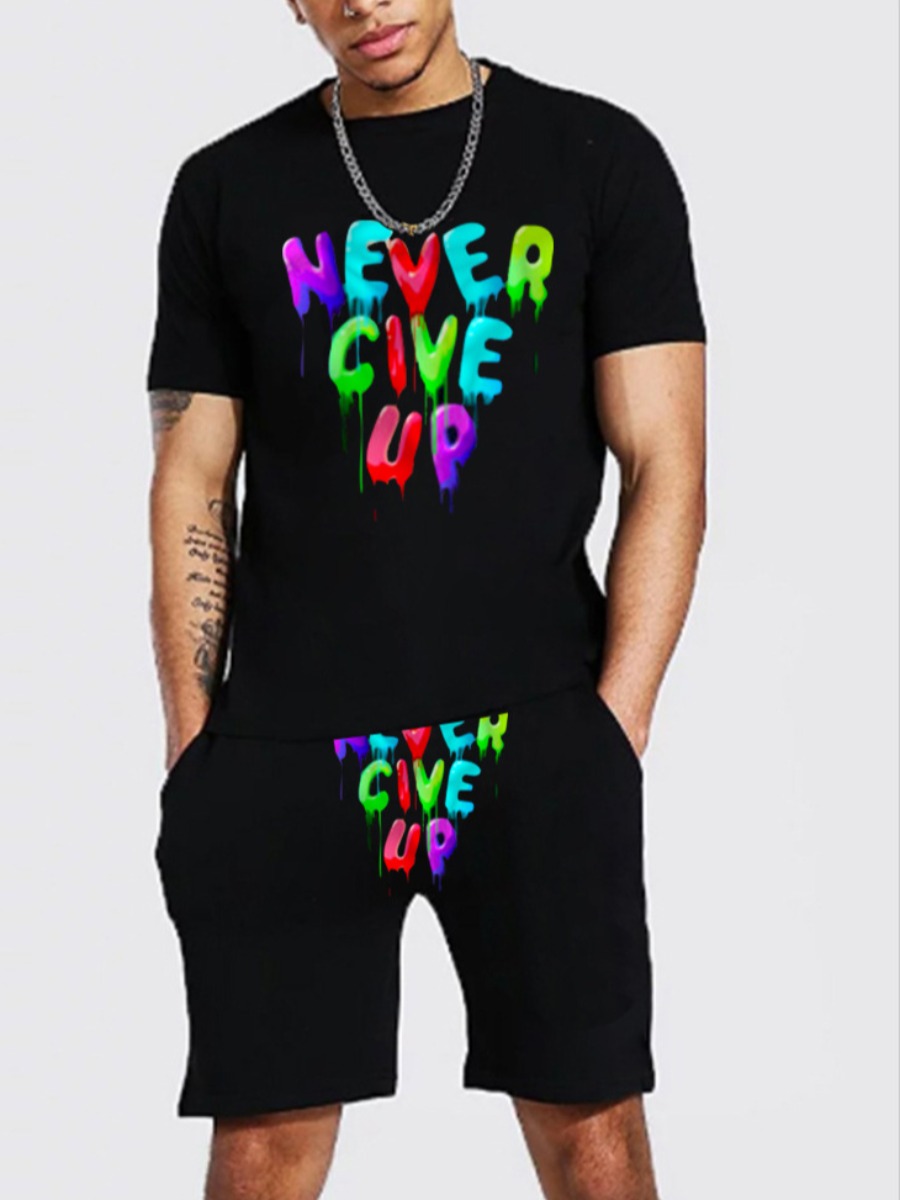 

LW Men Never Give Up Letter Print Shorts Set, Black