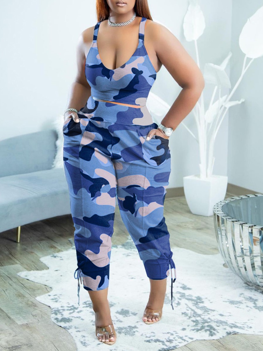 

LW Plus Size Camo Print Bandage Design Pants Set, Blue camouflage