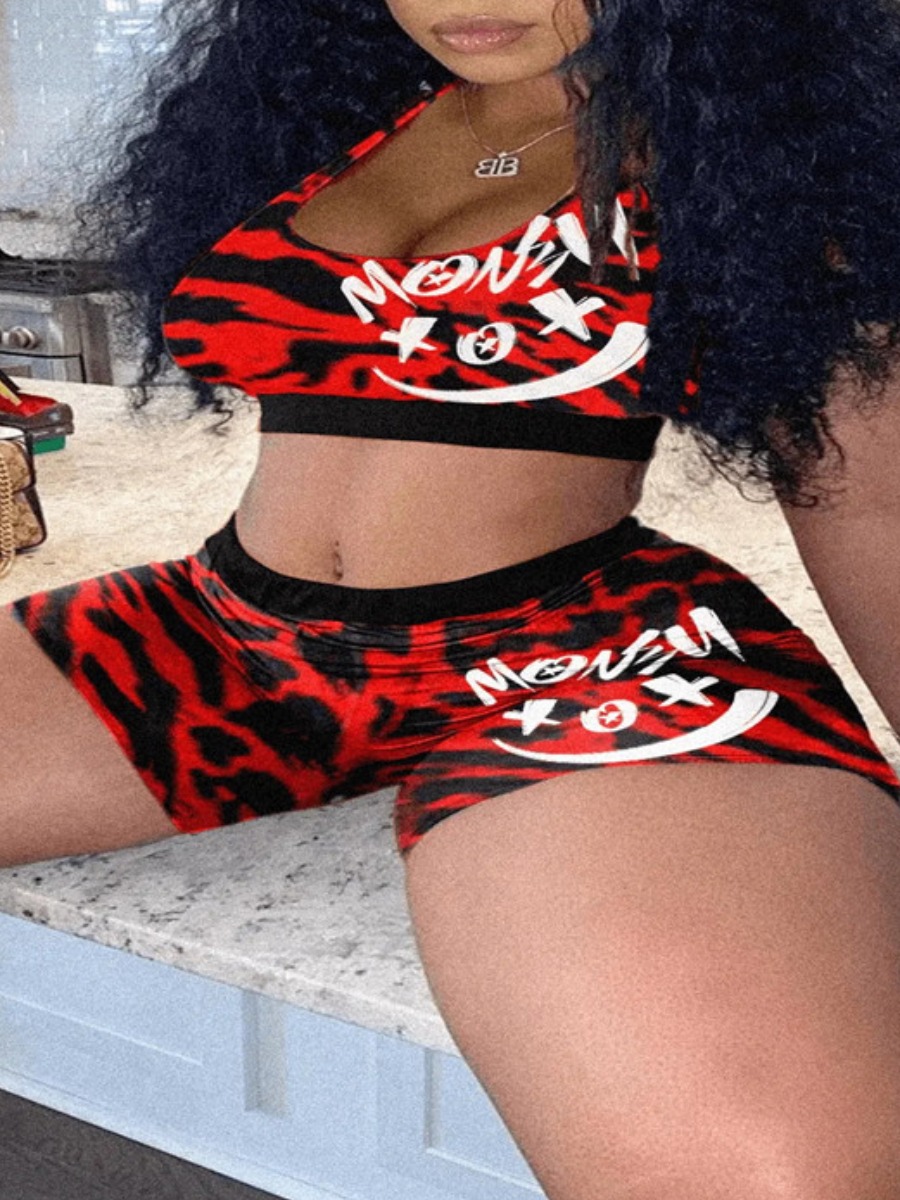 

LW Crop Top Leopard Letter Print Shorts Set, Red