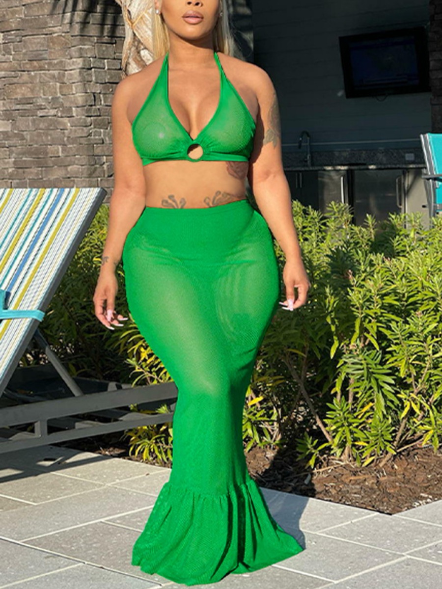 

LW SXY Plus Size See-through Mermaid Skirt Set, Green