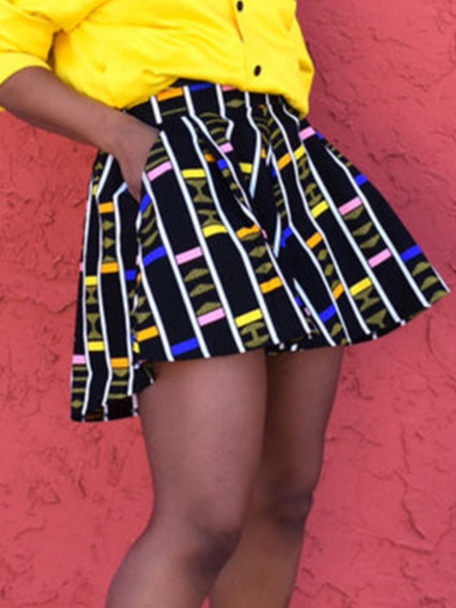 

LW Striped Patchwork Wide Leg Shorts, Multicolor lattices