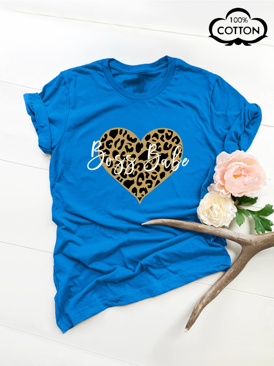 

LW COTTON Plus Size Leopard Letter Print T-shirt, Blue