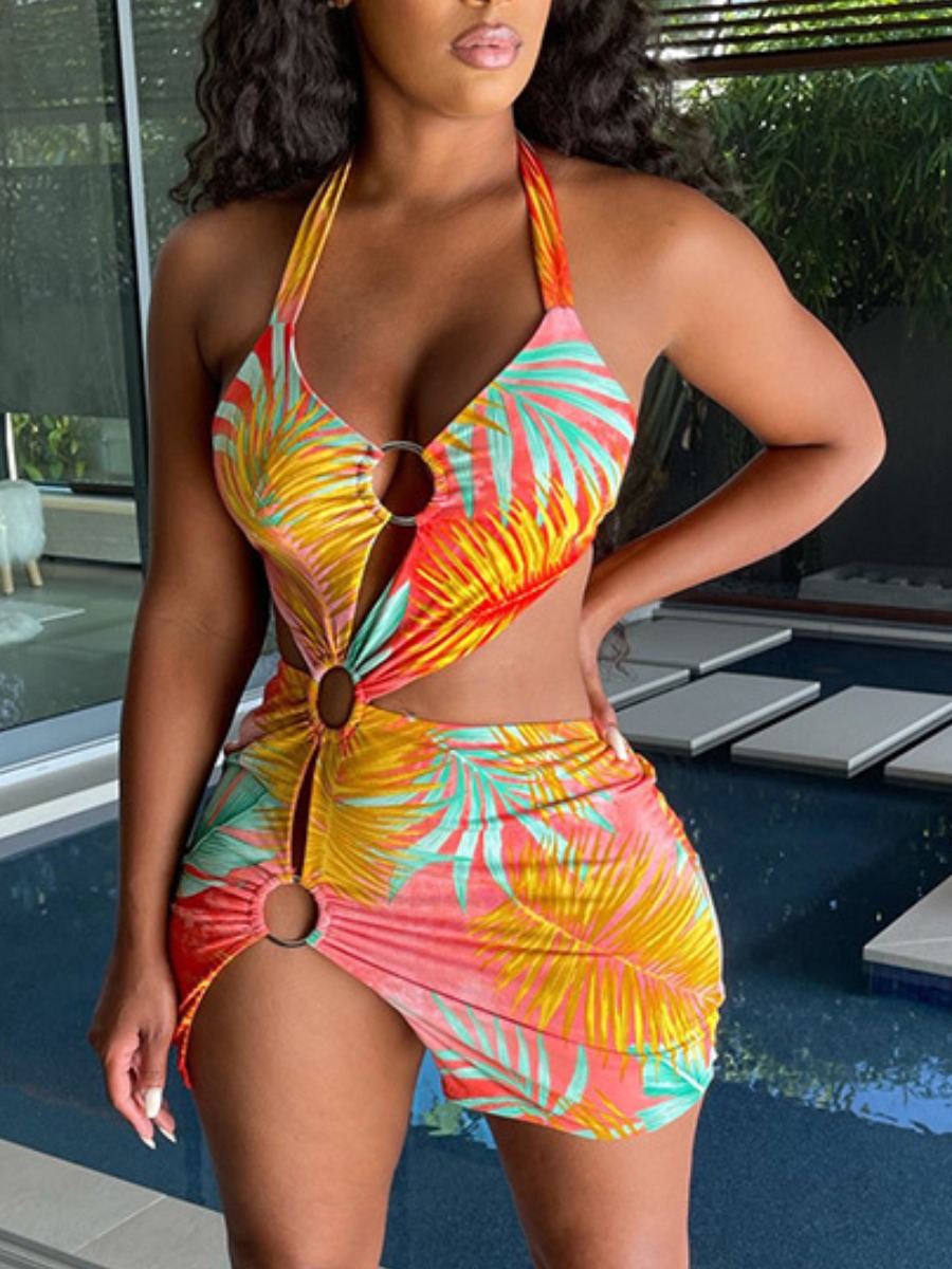 

LW SXY Floral Print Cut Out Metal Ring Decor Dress, Multi