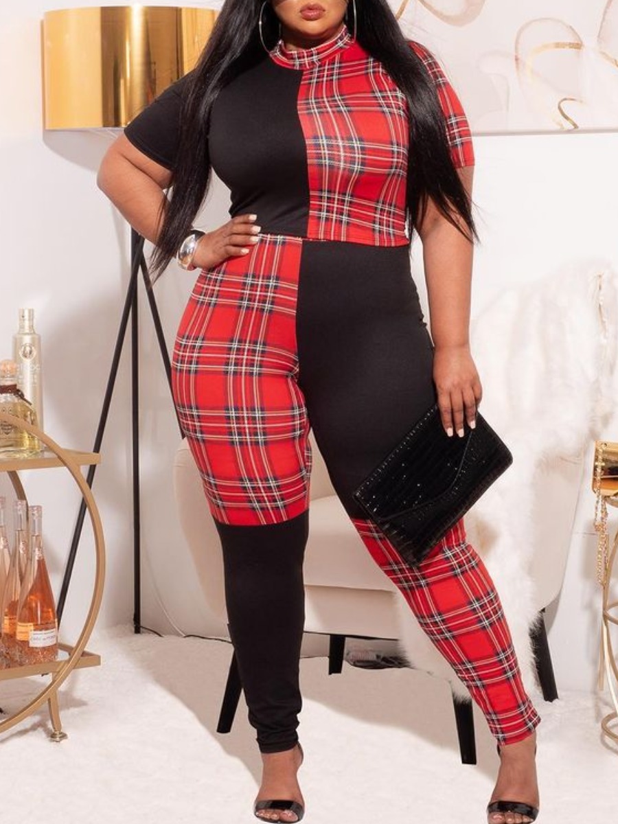 

LW Plus Size Plaid Print Patchwork Jumpsuit, Black