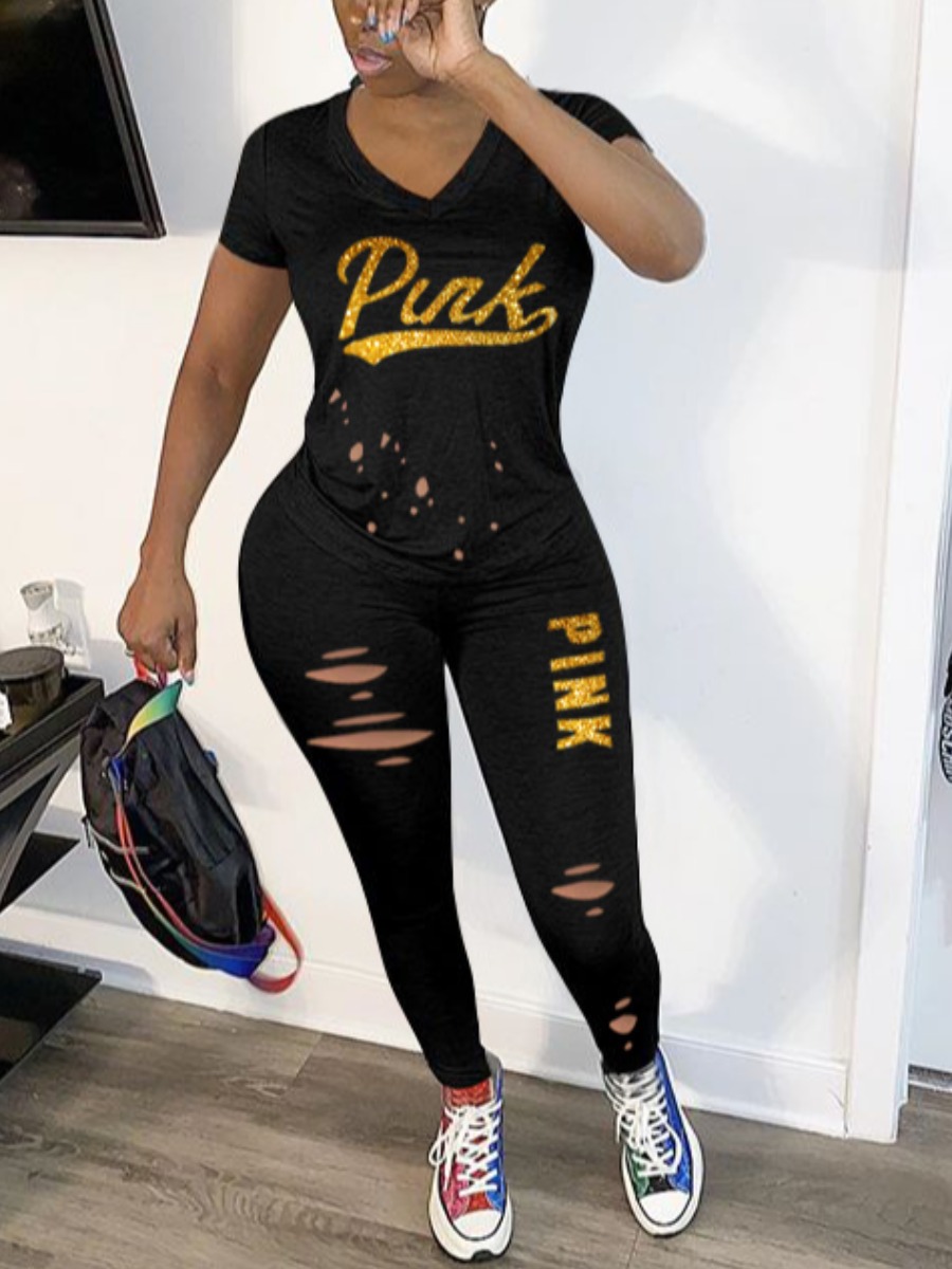 

LW Plus Size Pink Letter Print Ripped Pants Set, Black