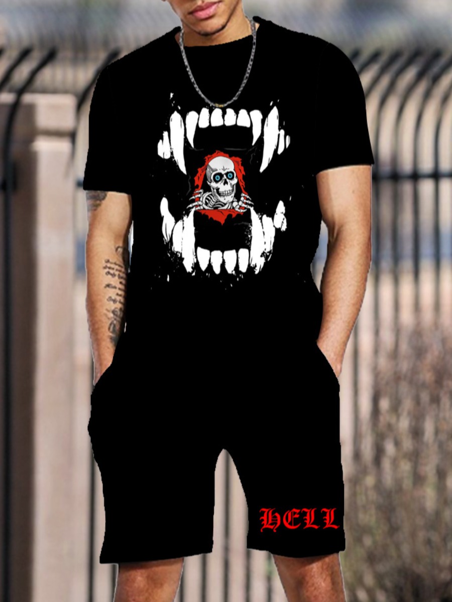 LW Men Skull Head Cartoon Print Shorts Set