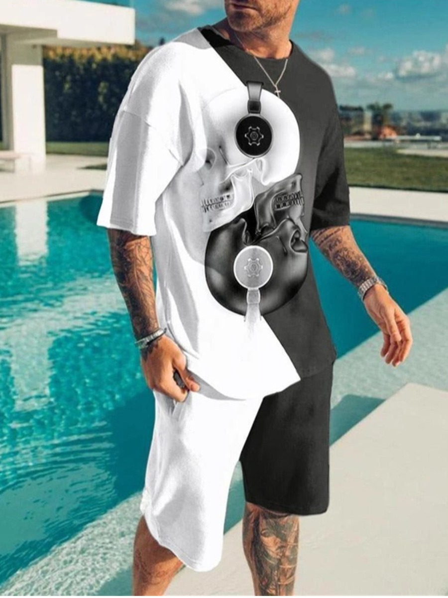 

LW Men Skull Head Print Loose Shorts Set, Black