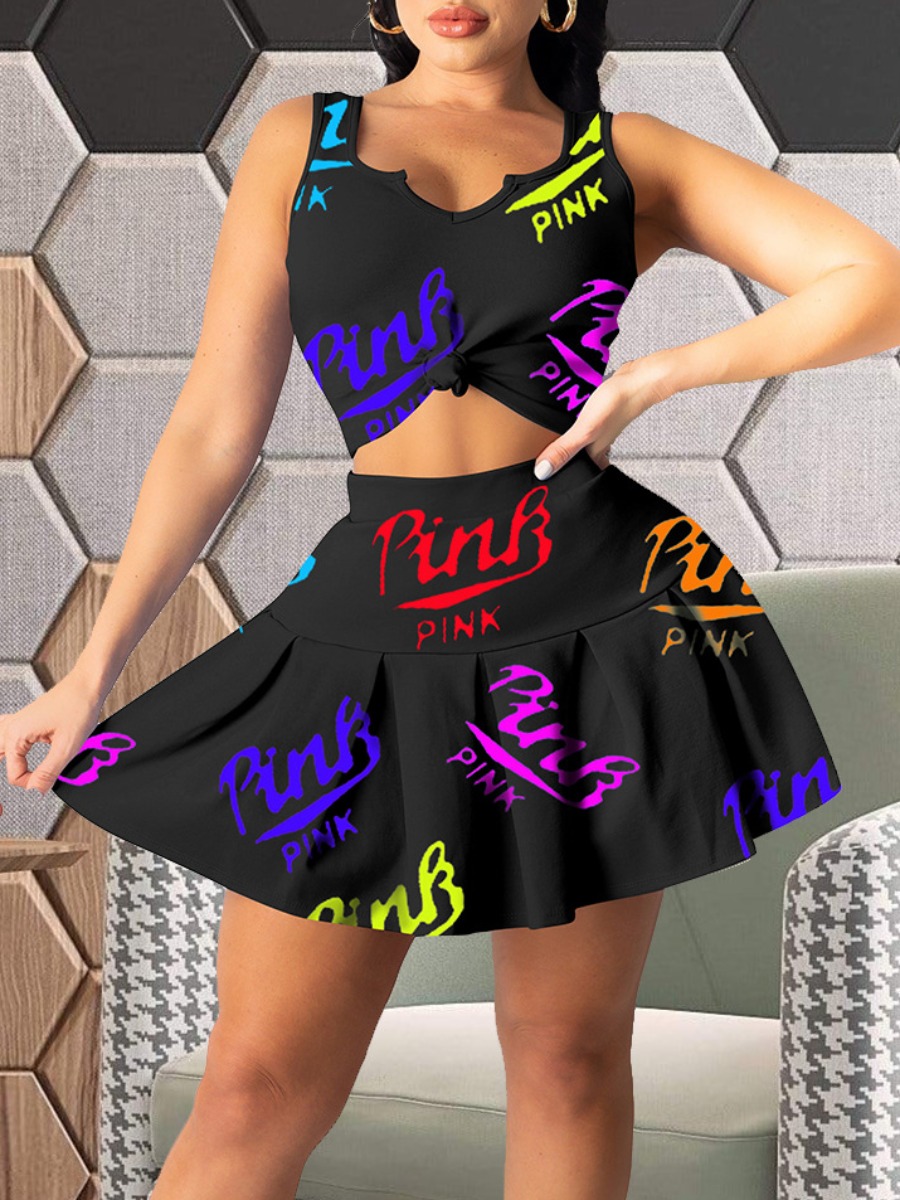 LW Pink Letter Print Flounce Design Skirt Set