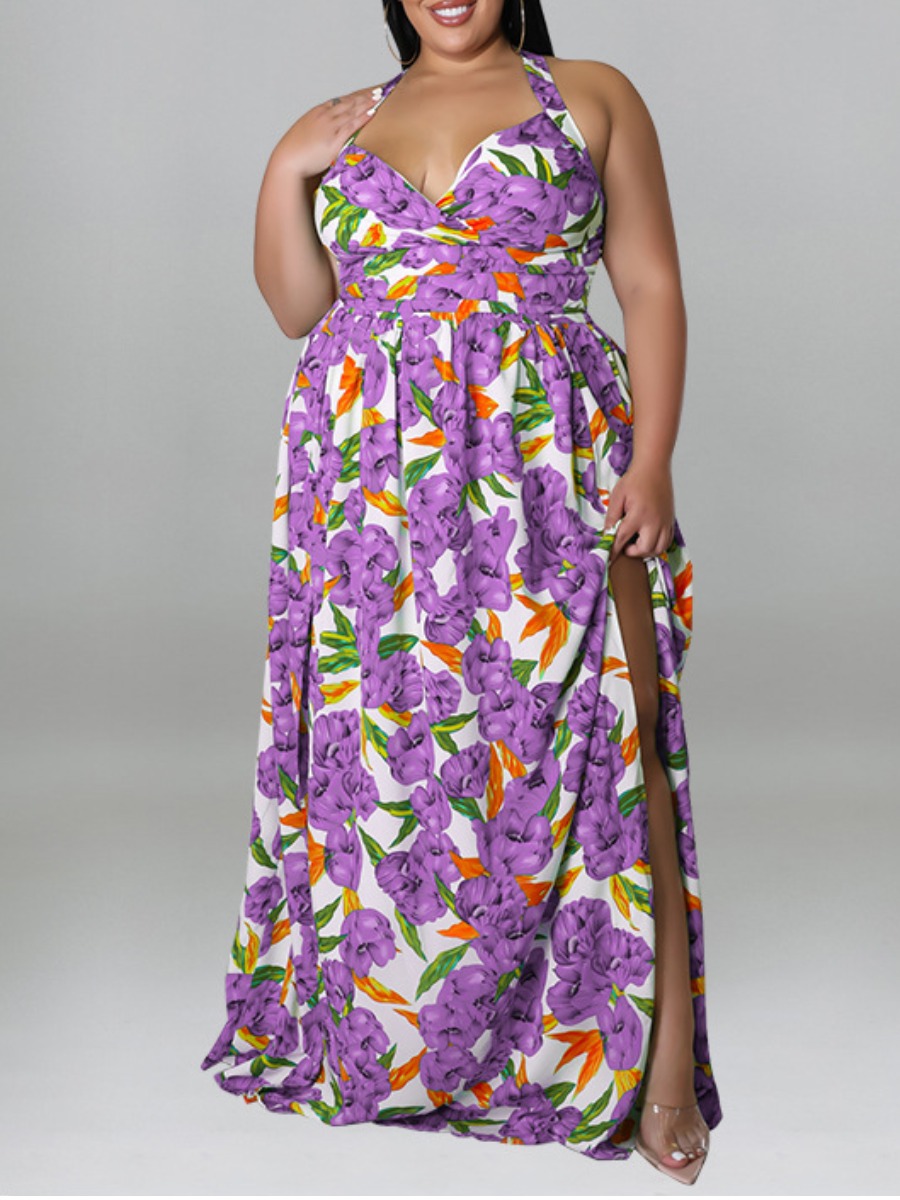 

LW Plus Size Floral Print Slit A Line Dress, Purple
