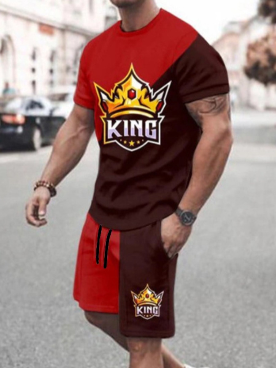 

LW Men Crown King Letter Print Shorts Set, Purple