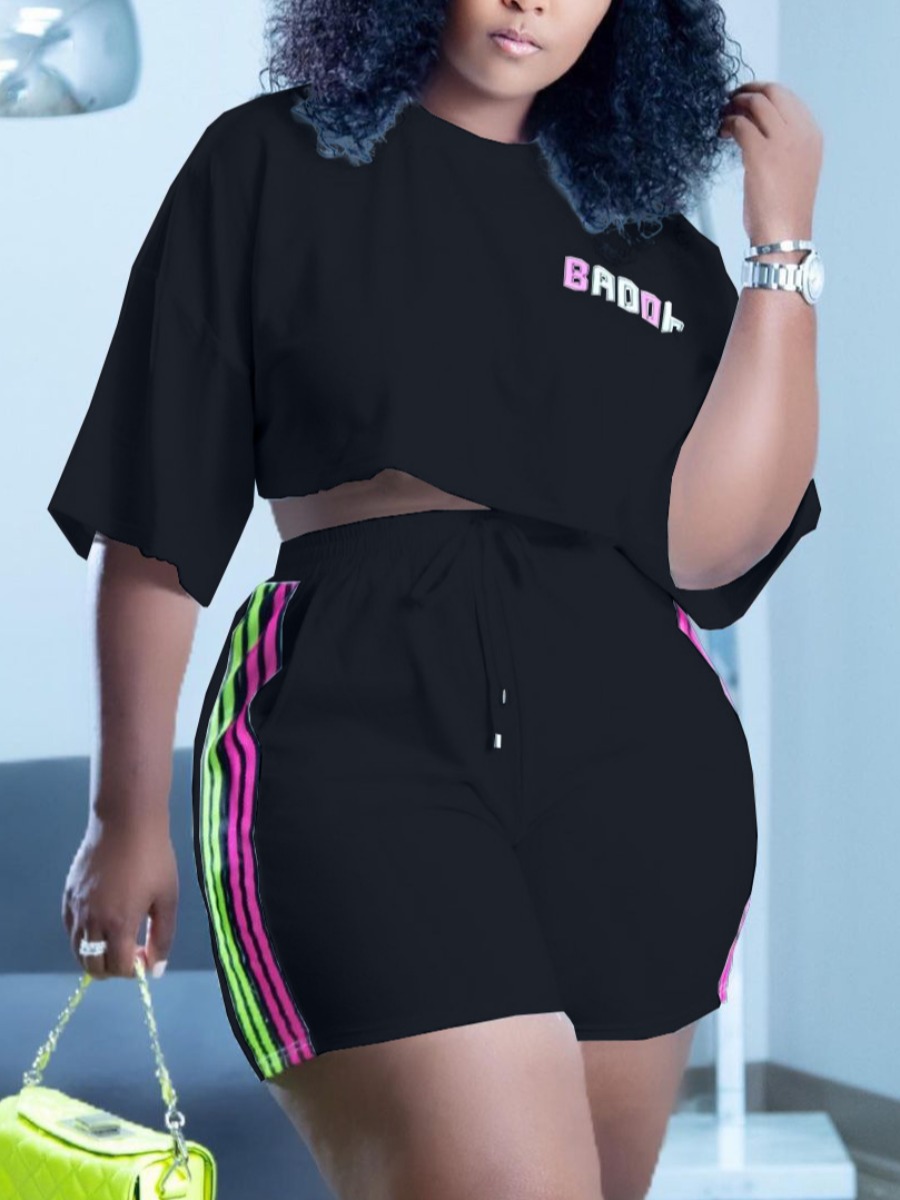 

LW Plus Size Letter Print Striped Shorts Set, Black
