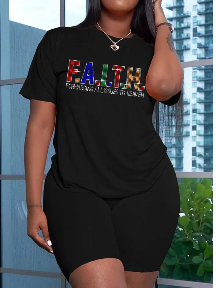 

LW Plus Size Rhinestone Faith Letter Shorts Set, Black