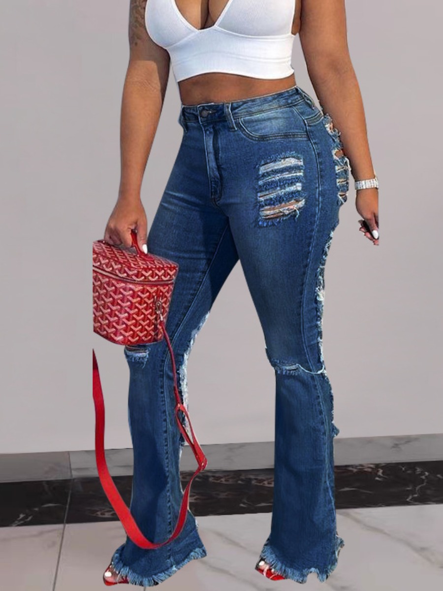 

LW Mid Waist Ripped Flared Jeans, Blue