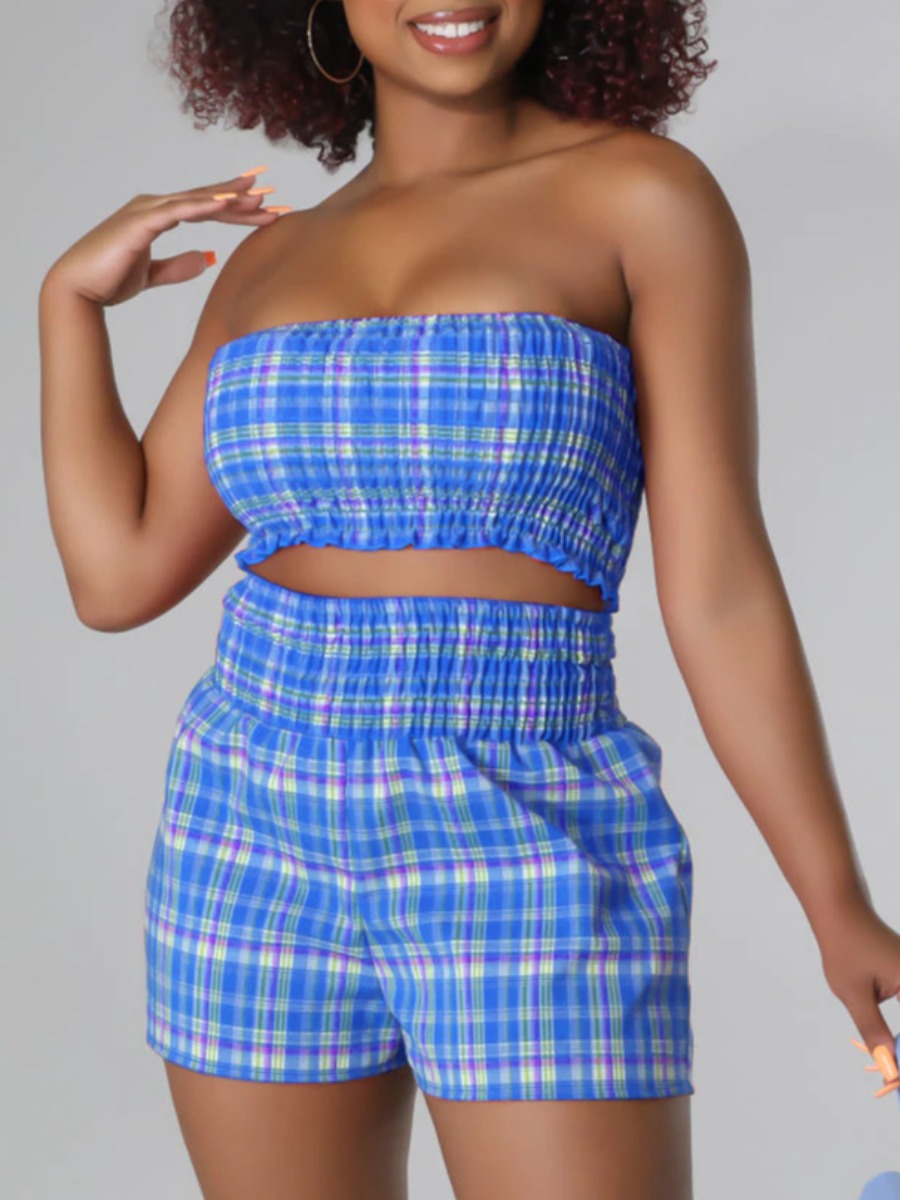 

LW Crop Top Plaid Print Ruffle Trim Shorts Set, Blue