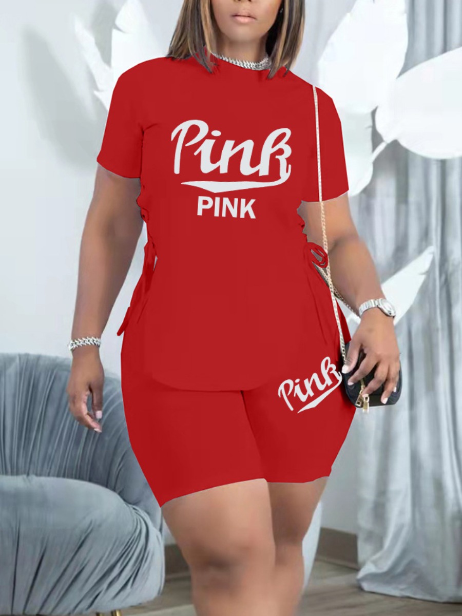 

LW BASICS Pink Letter Print Shorts Set, Red
