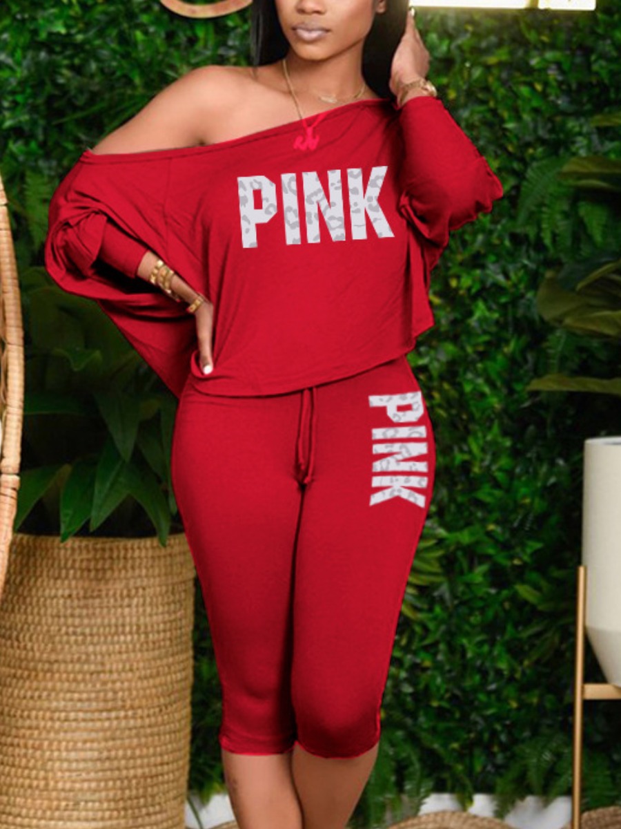 

LW Plus Size Pink Letter Print Loose Pants Set, Red