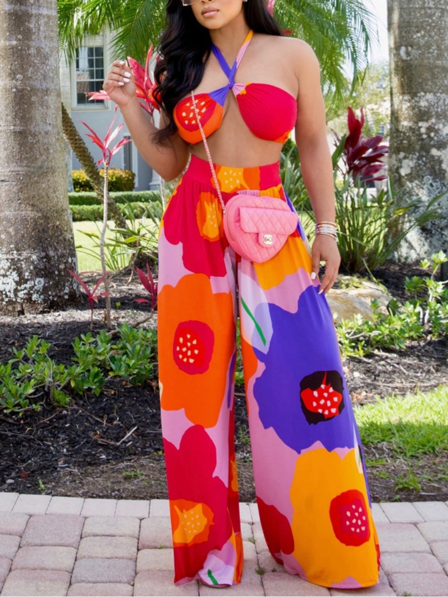 

LW Mixed Print Wide Leg Pants Set, Multi