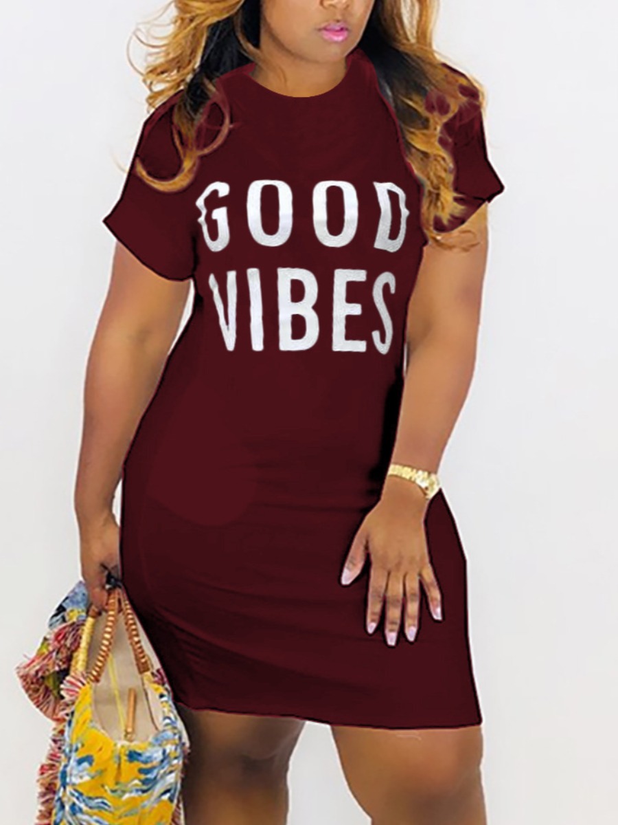 

LW Plus Size Good Vibes Letter Print Dress, Wine red