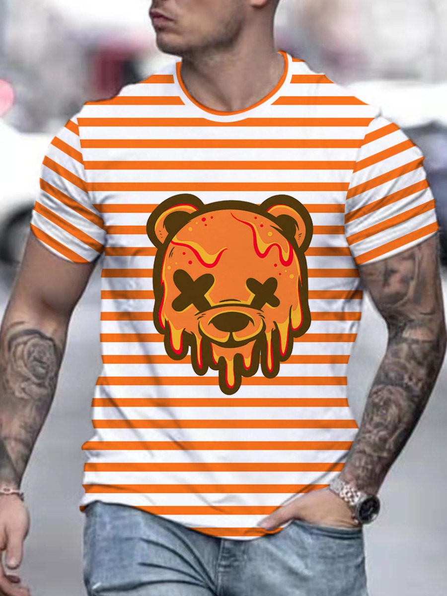 

LW Men Cartoon Print Striped T-shirt, Orange