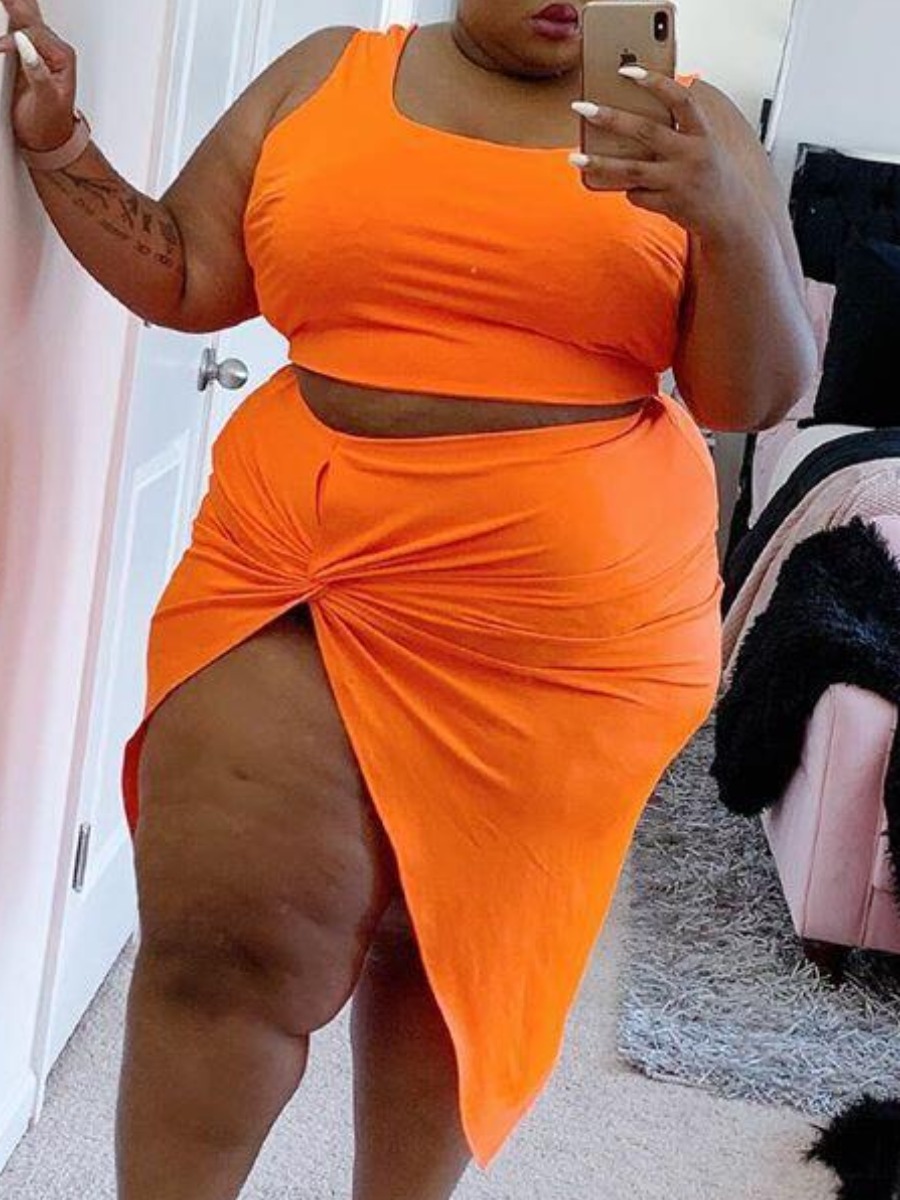 

LW SXY Plus Size Cami Twist Front Thigh Slit Skirt Set, Orange