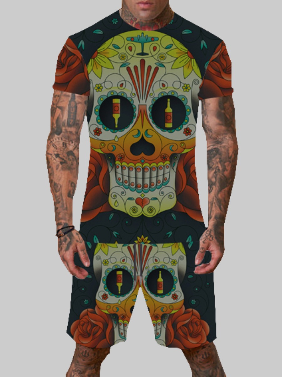 

LW Men Skull Head Floral Print Shorts Set, Multi
