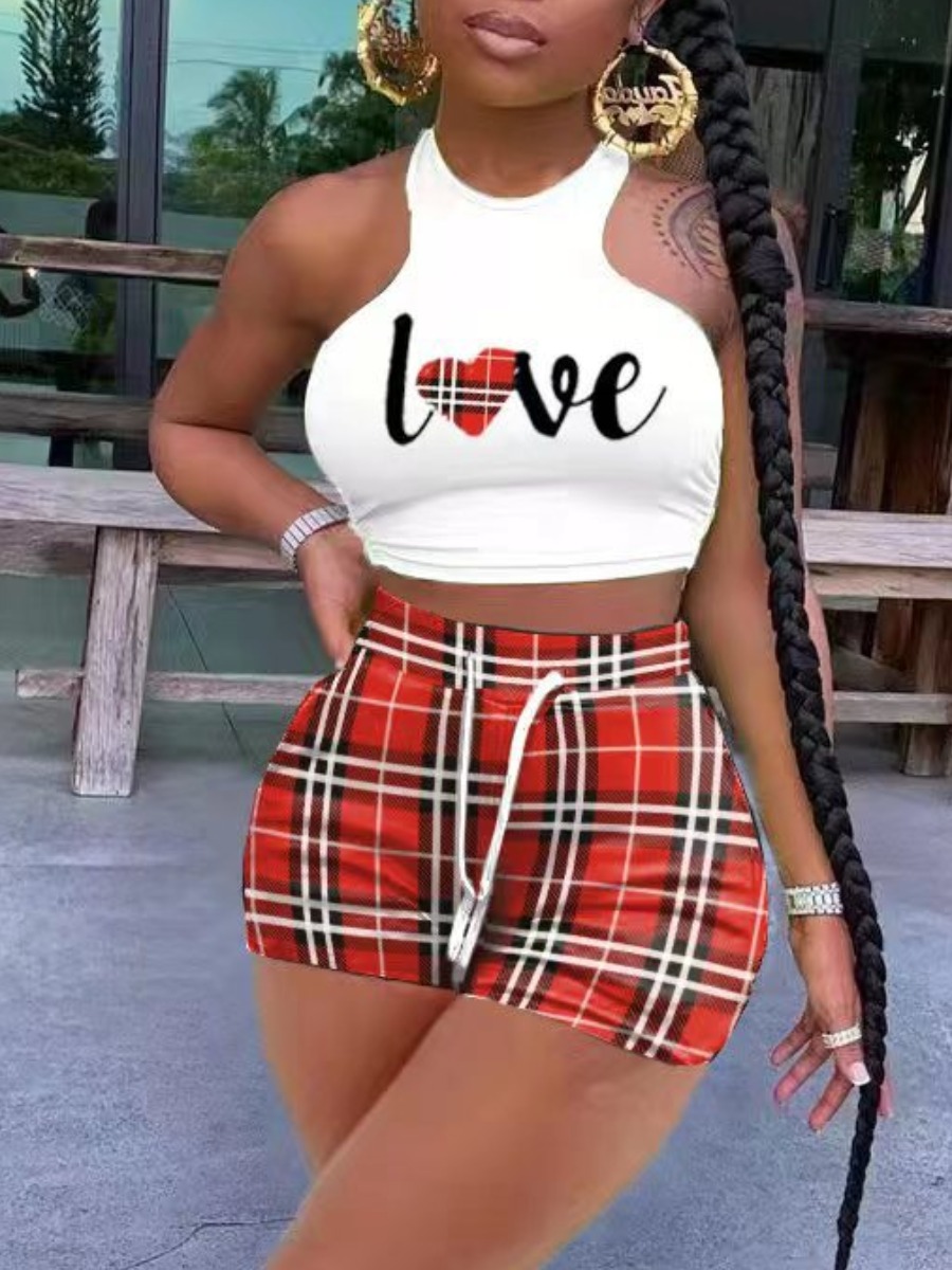 

LW Plaid Love Letter Print Shorts Set, Red