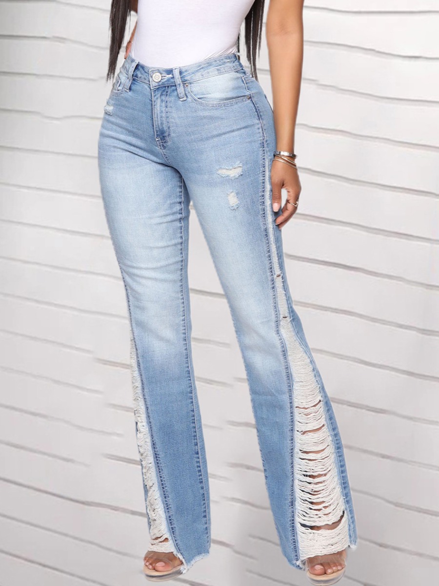 

LW Mid Waist Ripped Flared Jeans, Baby blue