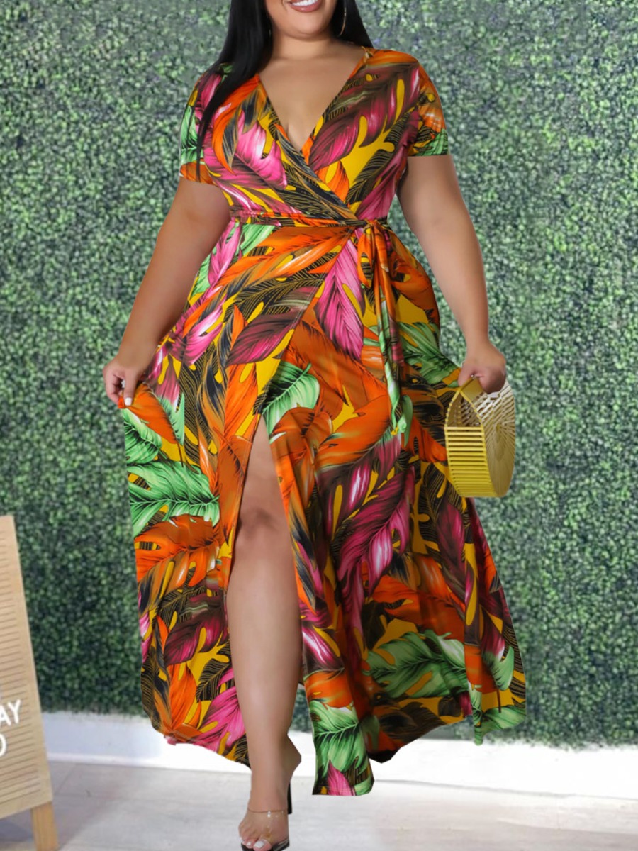 

LW Plus Size Floral Print Wrapped A Line Dress, Jacinth