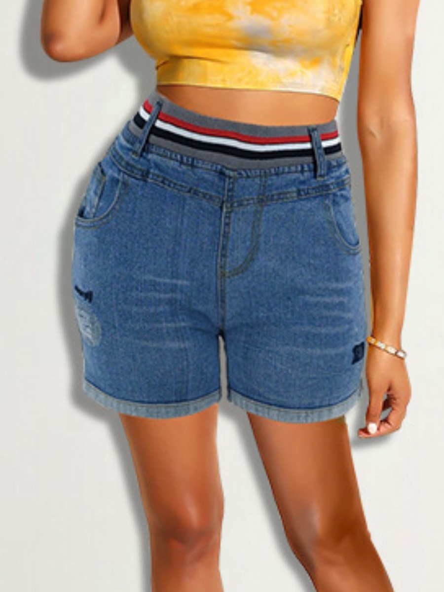 

LW Striped Medium Stretchy Denim Shorts, Blue