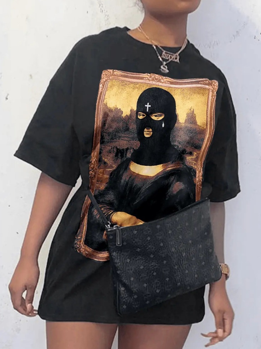 

LW Plus Size Dropped Shoulder Masked Face Figure Print Dress, Black