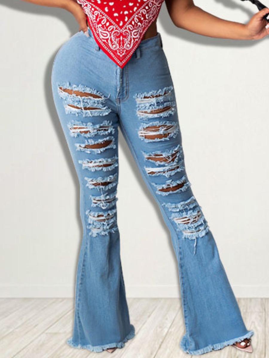 

LW Mid Waist Ripped Flared Jeans, Baby blue